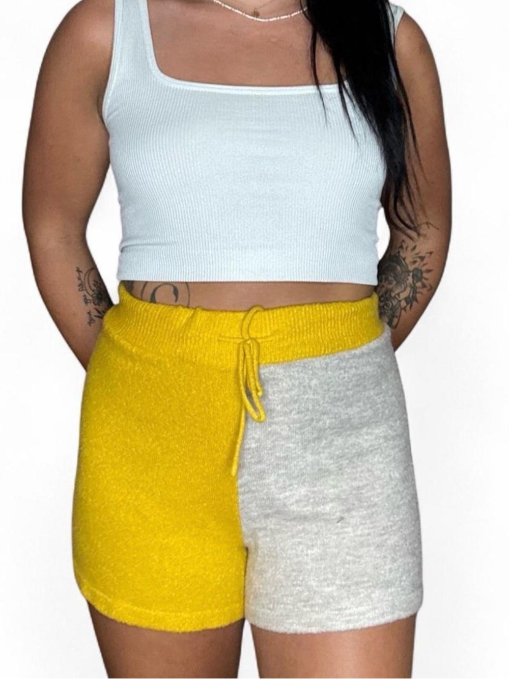 Colorblock Knit Lounge Shorts - Yellow & Light Gray